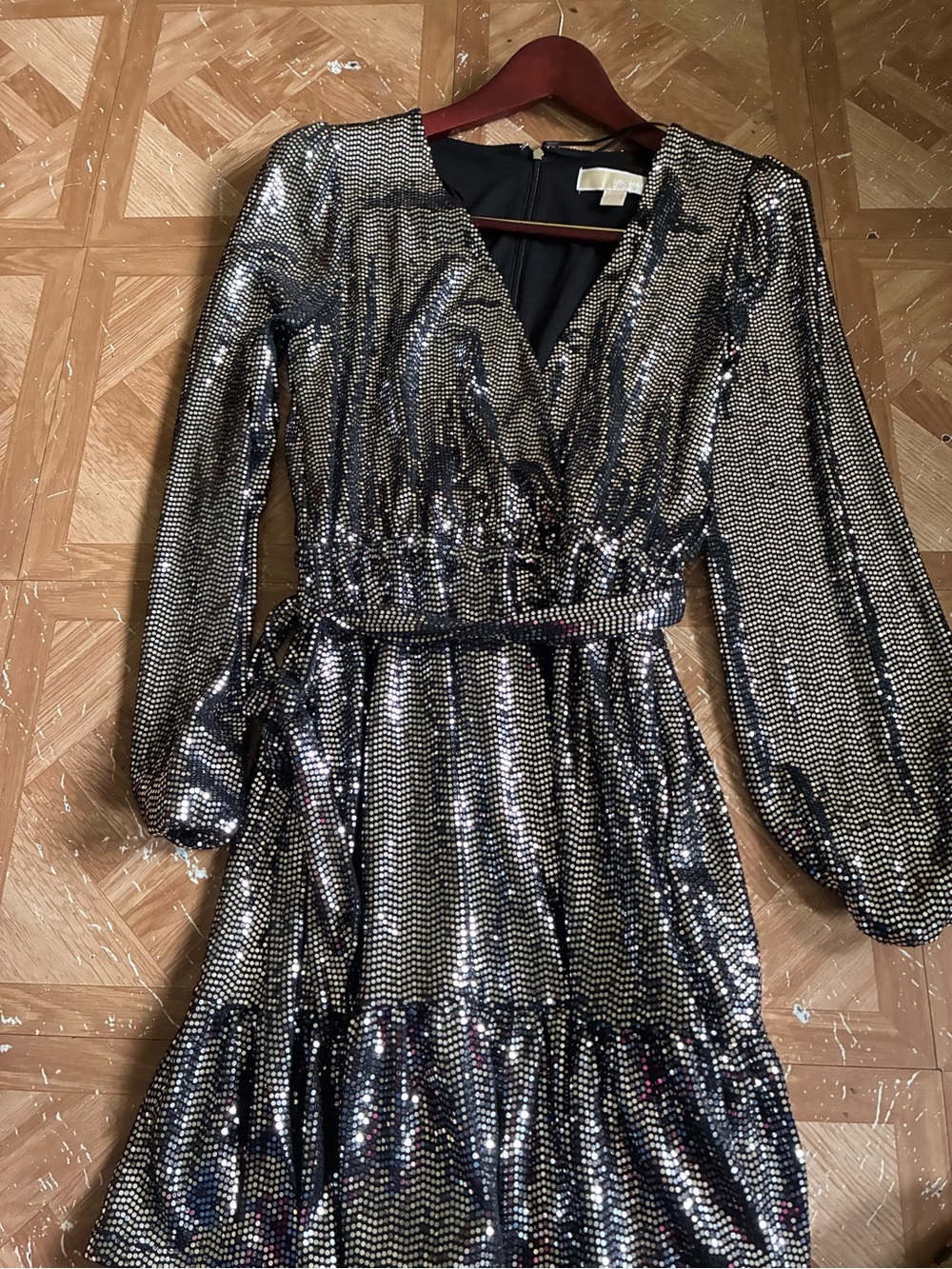 Michael Kors Silver Sequin Long Sleeve Wrap Dress
